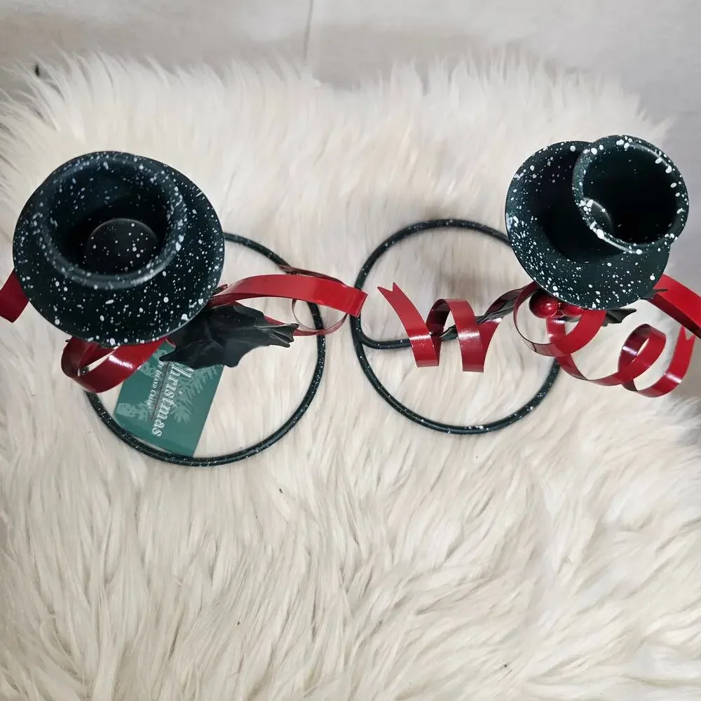 Y2K Green Candle Holder Holly Mistletoe Christmas Metal Candle Holders set of 2